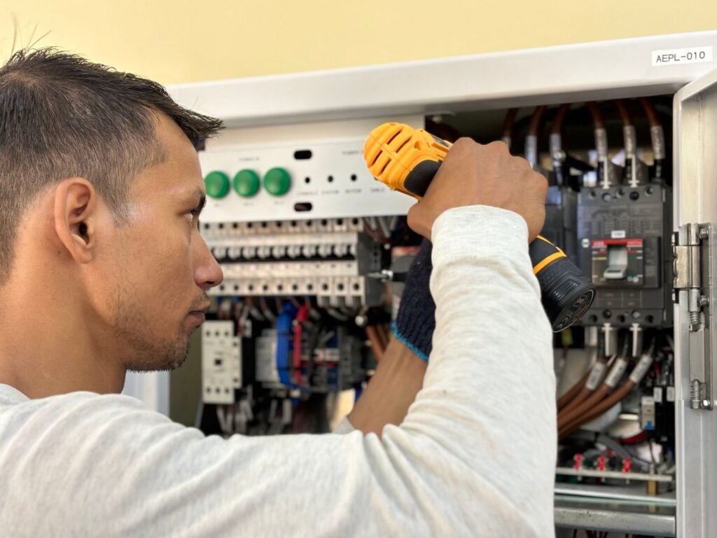 Elektricien werkt met een boormachine aan een groepenkast